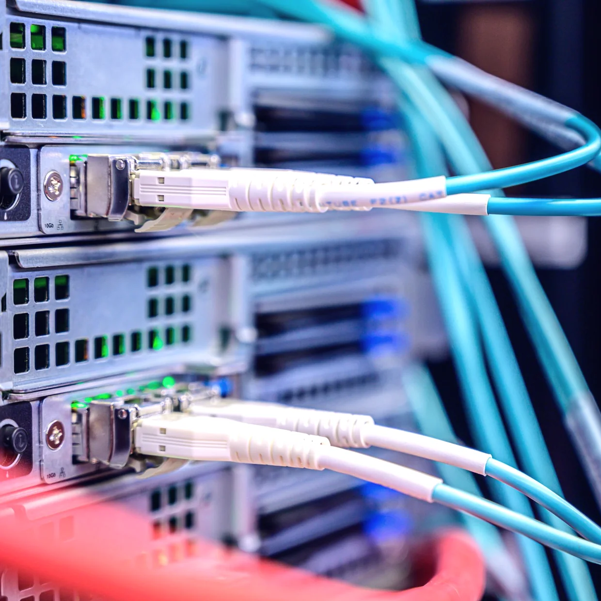Fibre connections plugged into a server.