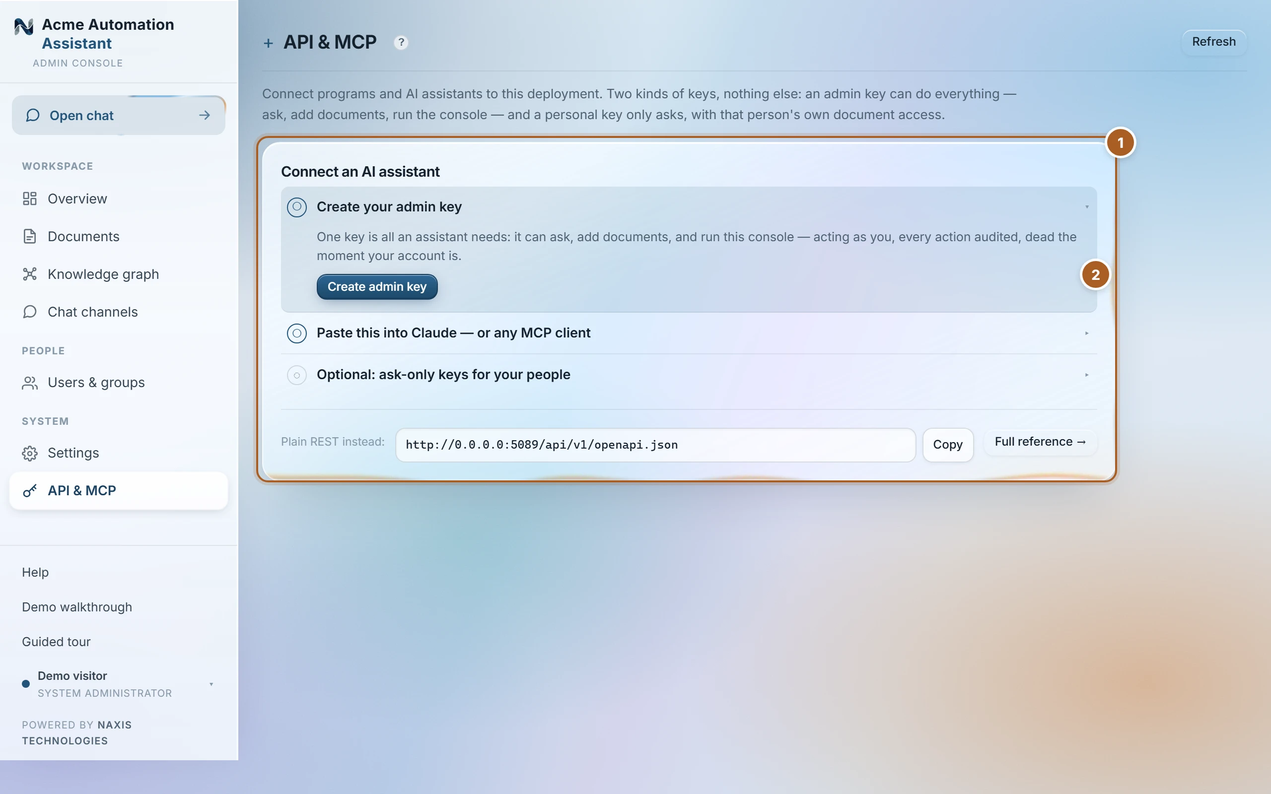 The API & MCP console page: a step card that creates the admin key, with the connect steps below it.