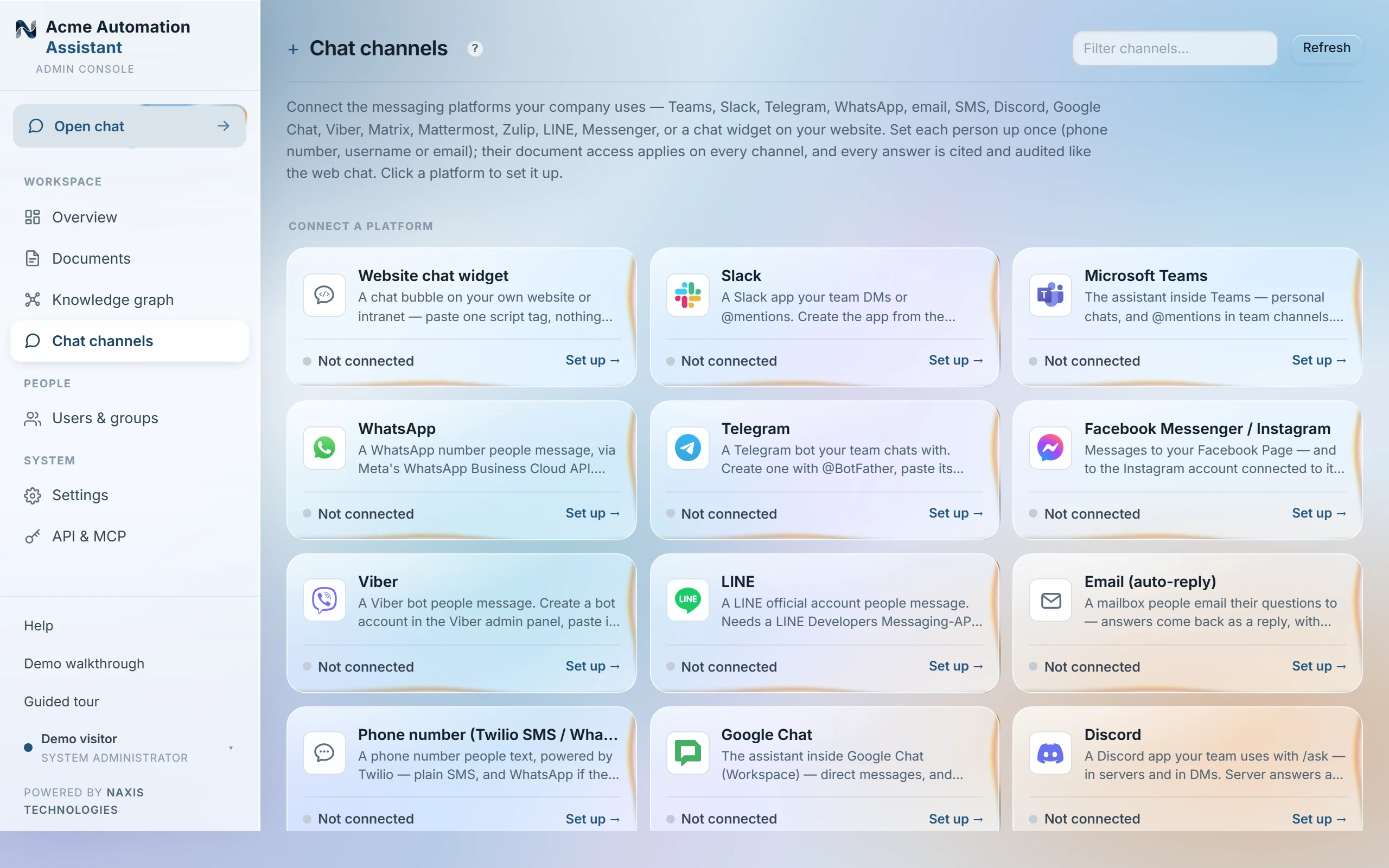 The Chat channels view with the catalog of platforms the assistant can join.