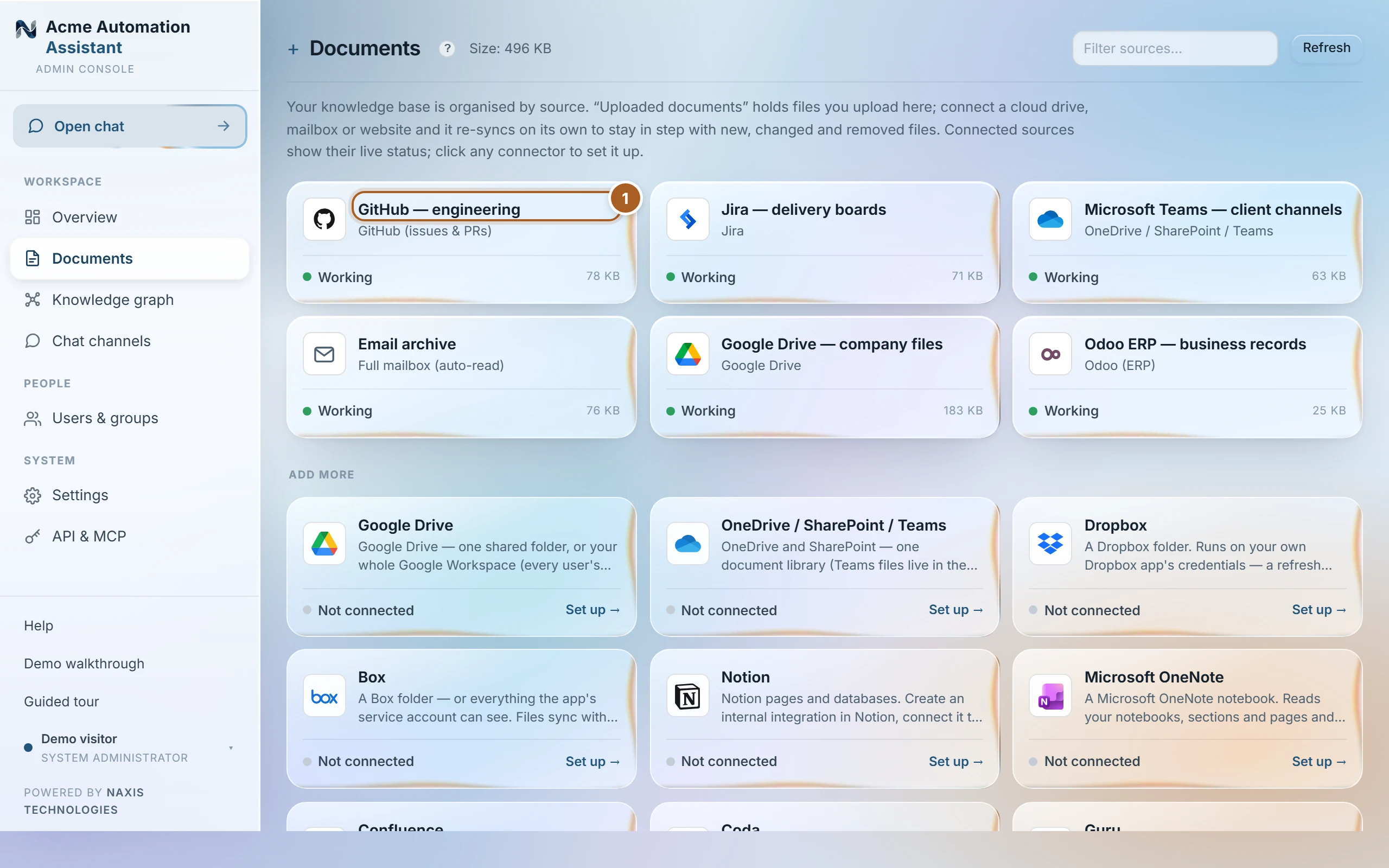 The Documents view: six connected sources with green Working badges and sizes, and the Add more catalog below.