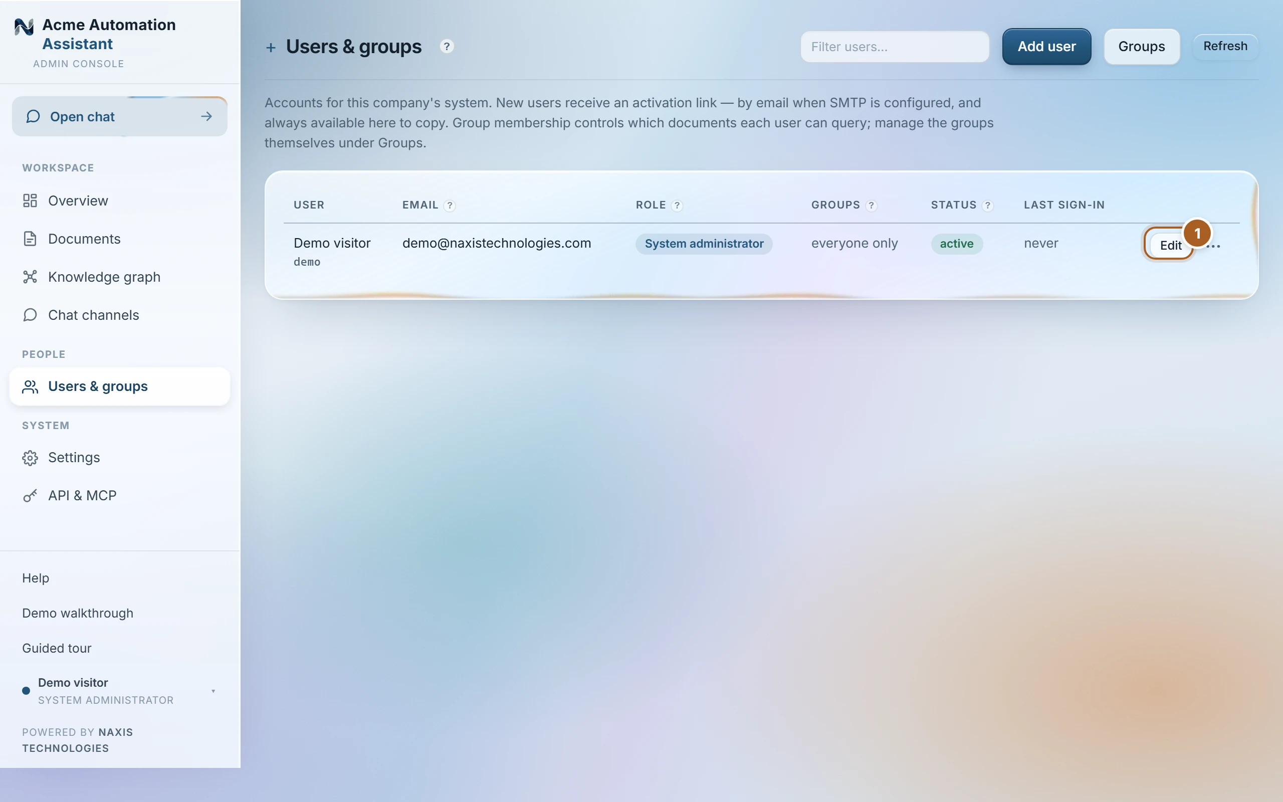 The Users and groups view listing accounts, with the Edit action highlighted on a row.