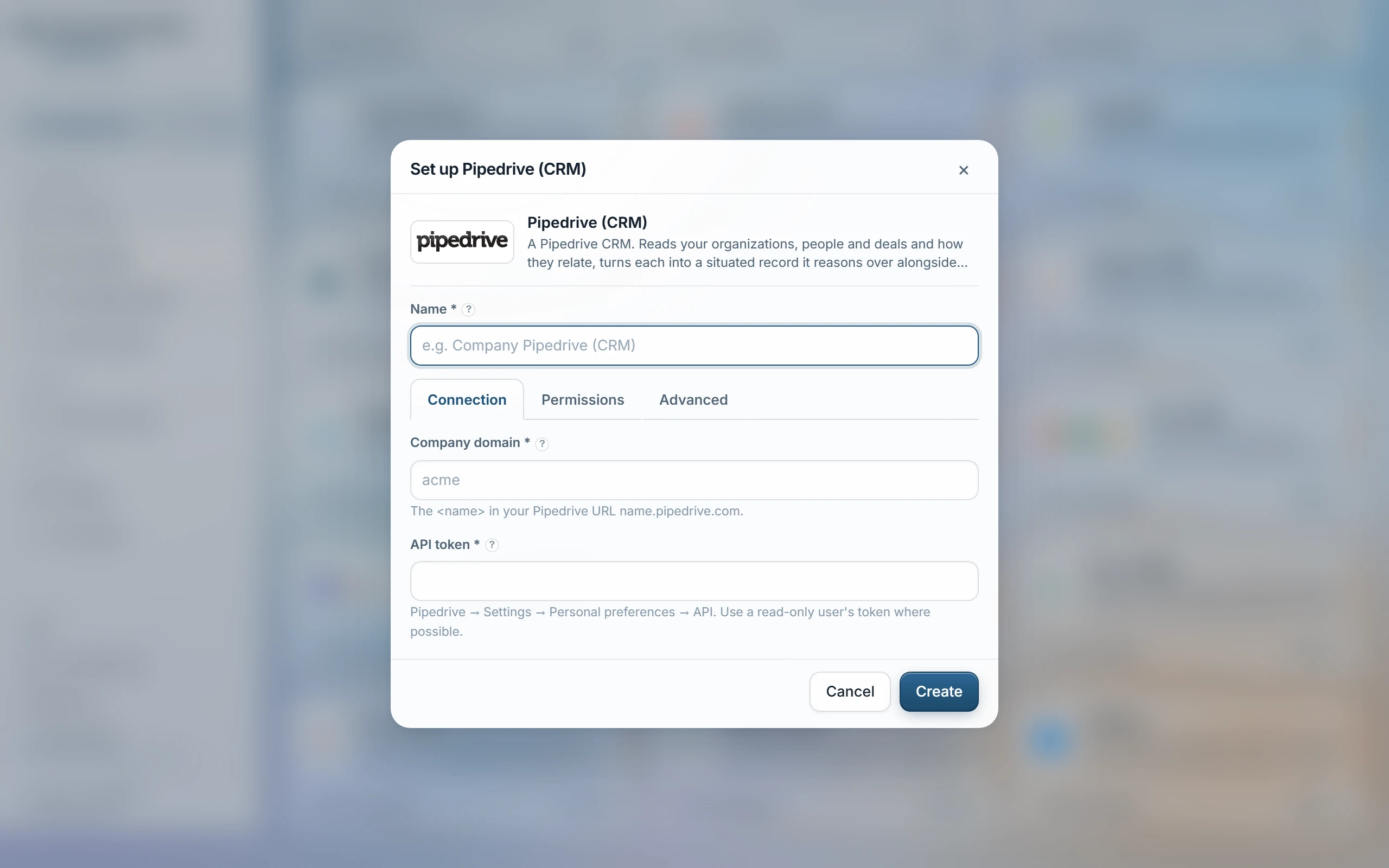 The Set up Pipedrive dialog with its company-domain and API-token fields, and the Advanced options beneath them.