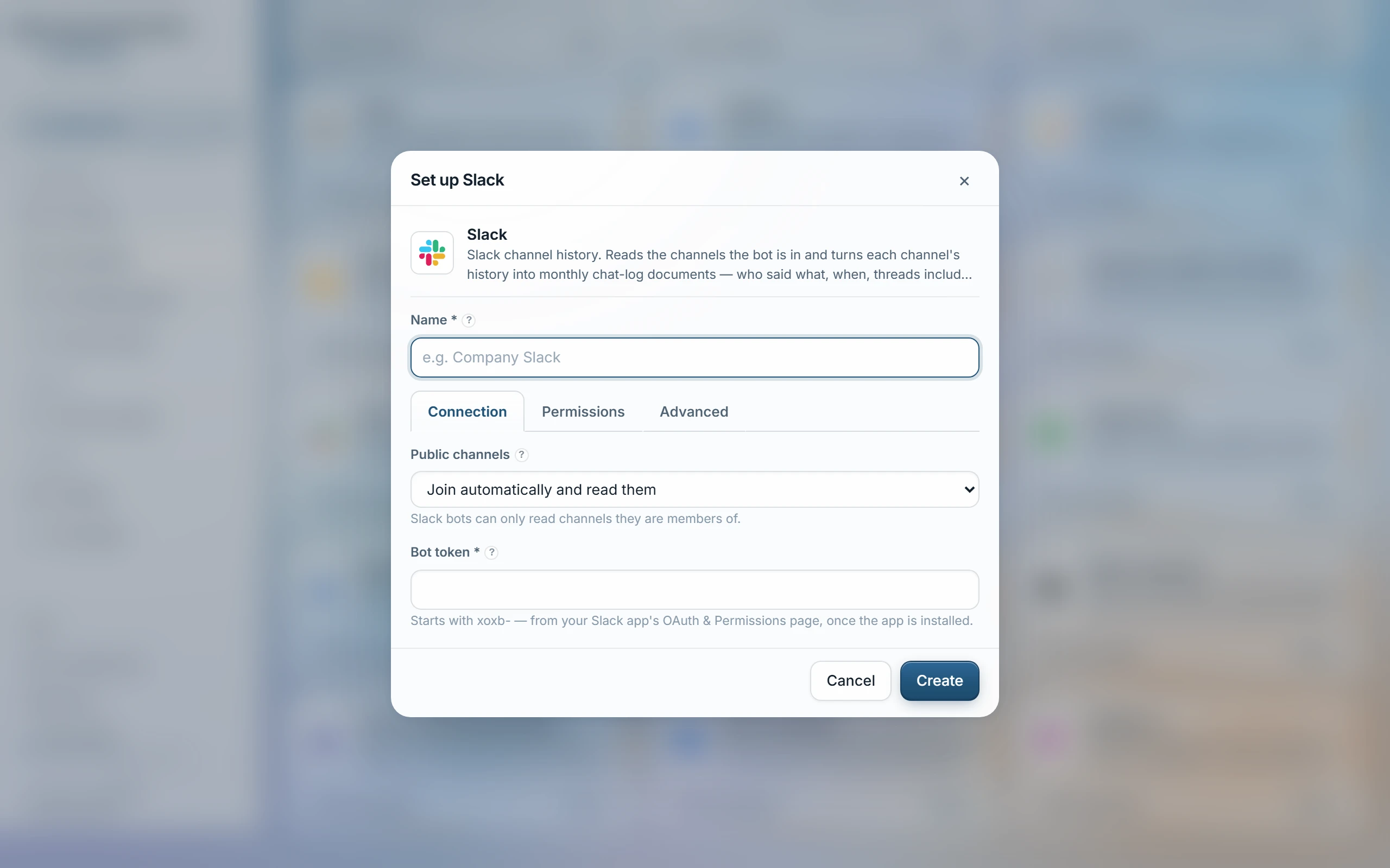 The Set up Slack dialog with its bot-token field and channel options.