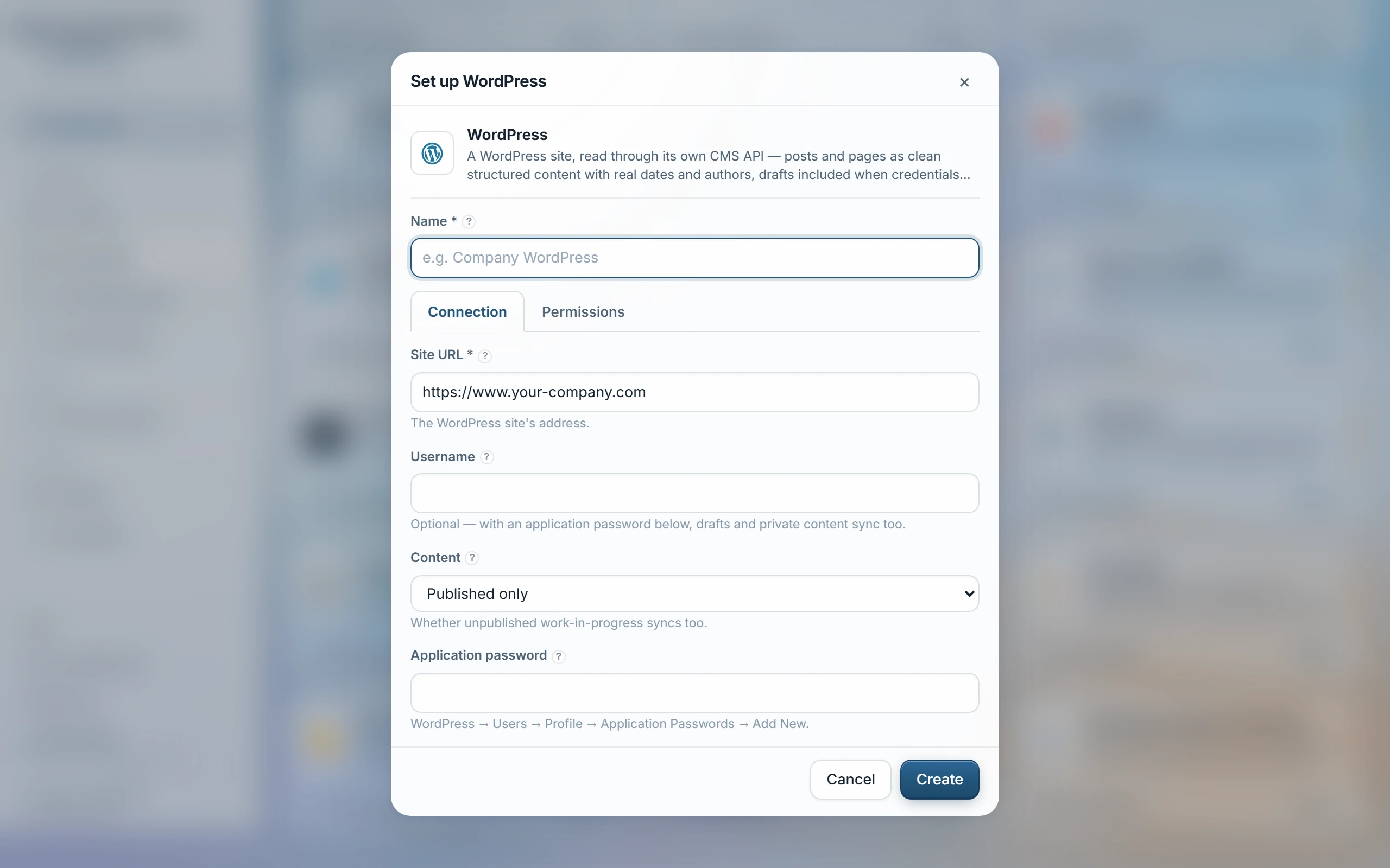 The Set up WordPress dialog: Name, Site URL filled in, Connection and Permissions tabs, Username, a Content selector on Published only, and the Application password field.
