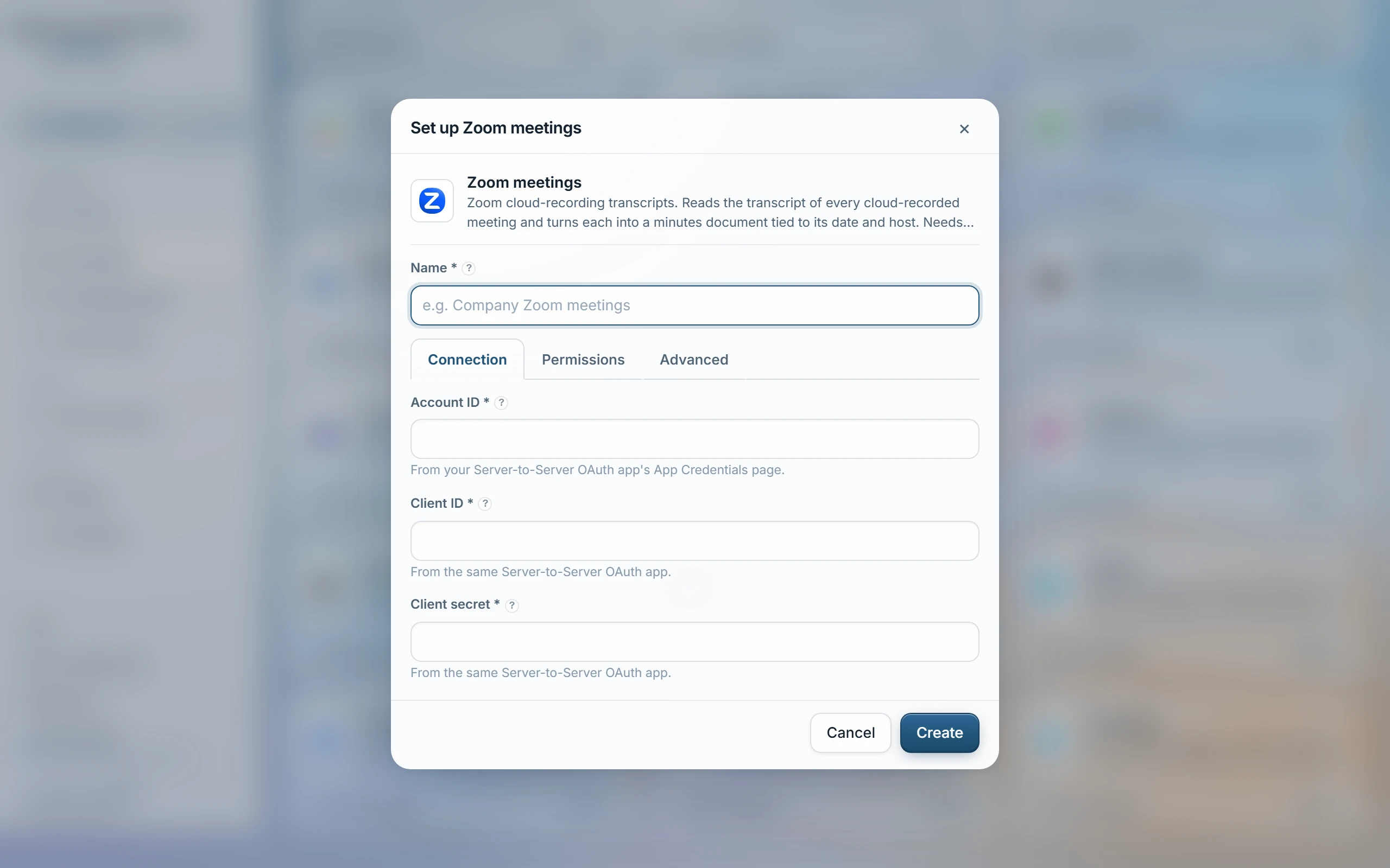 The Set up Zoom meetings dialog with its account and credential fields.