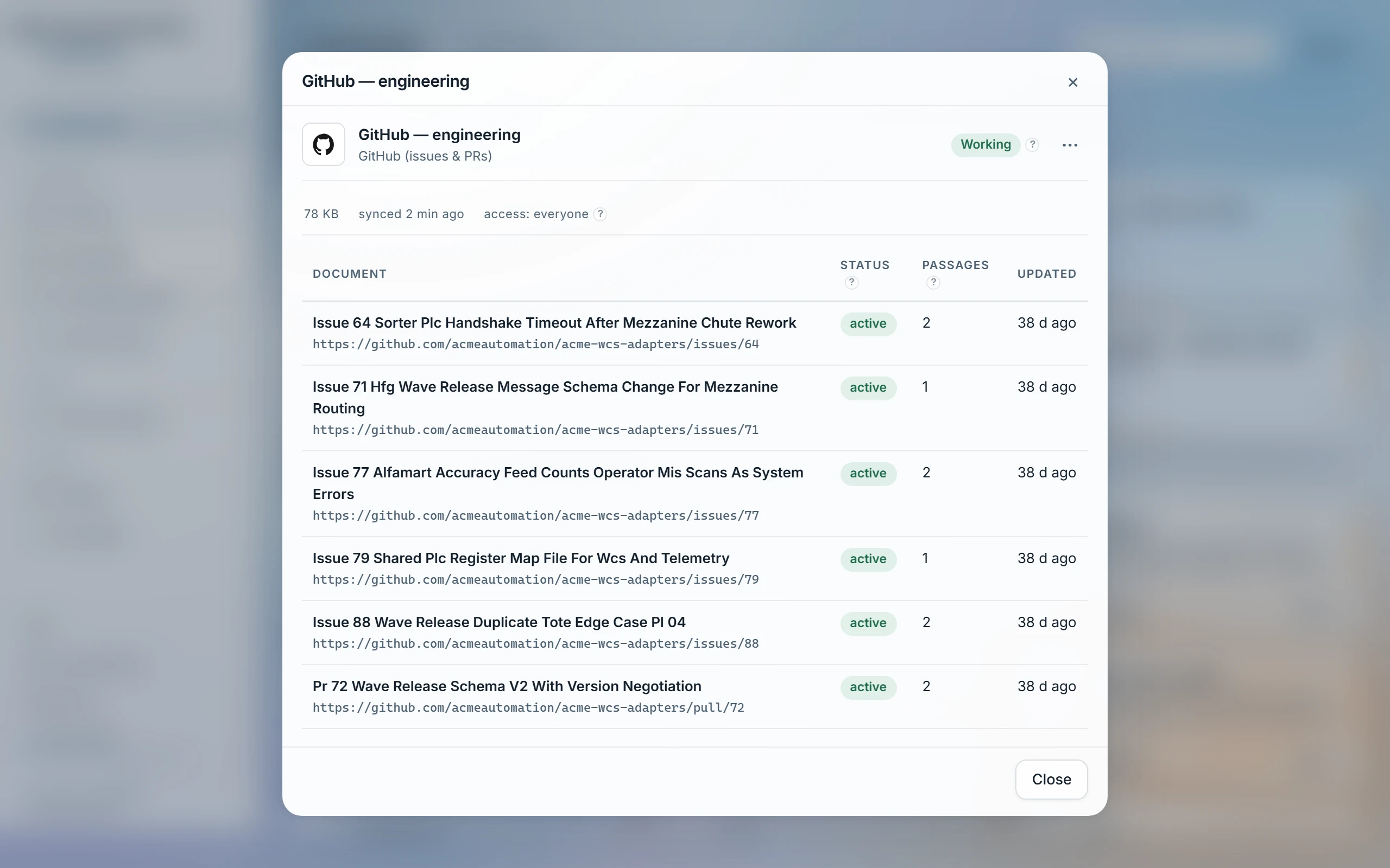 A connected GitHub source opened: status Working, size, synced two minutes ago, and a list of issues and pull requests, each with its status, passage count and age.
