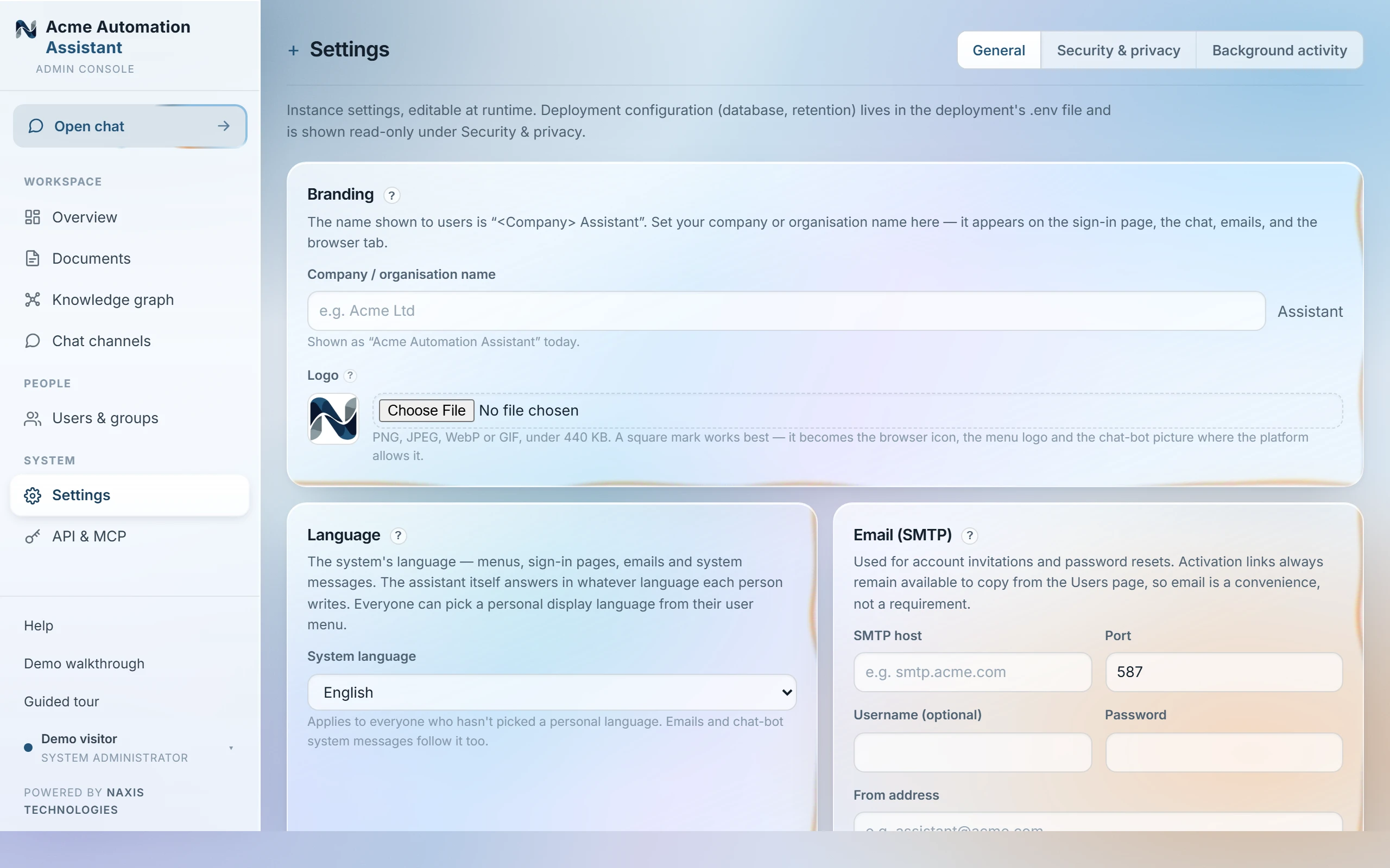 The Settings page on its General tab, with the seg-tabs strip above it and the company, language, email and public-address fields below.