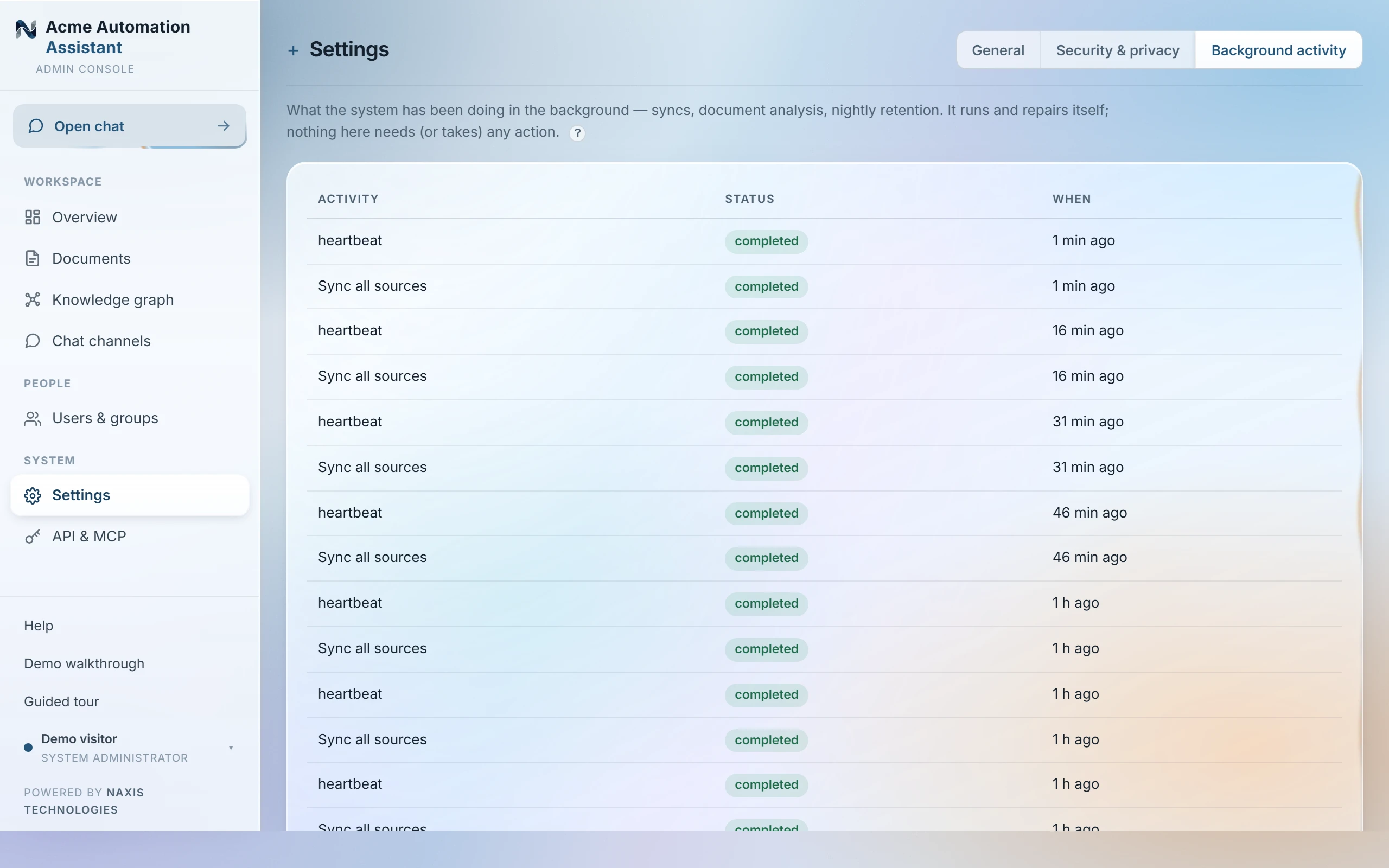 Settings on the Background activity tab, listing recent jobs with their kind, state and time.