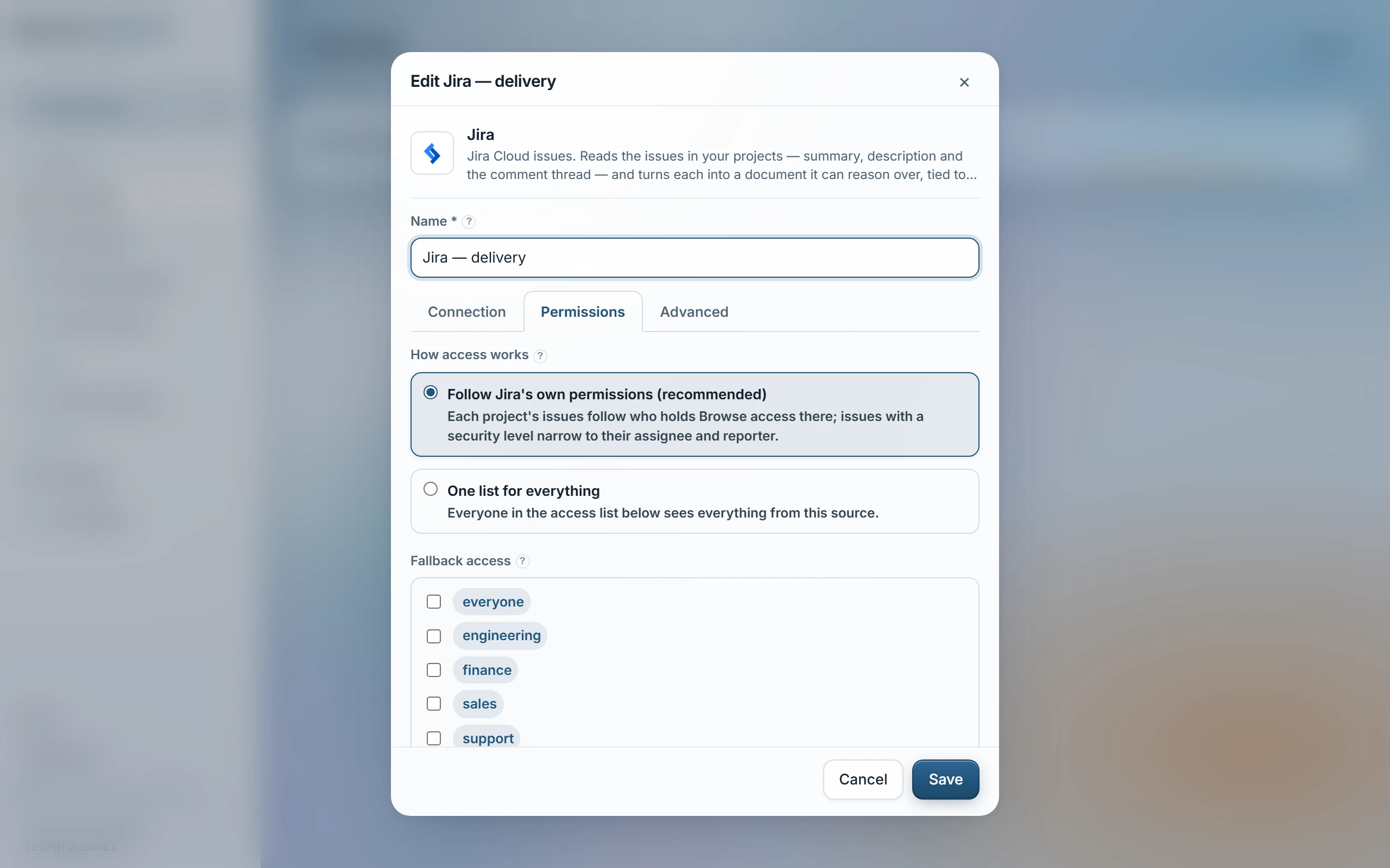 A source’s edit dialog on its Permissions tab: How access works offers Follow the provider’s own permissions (recommended, selected) or One list for everything, with a Fallback access group list beneath.